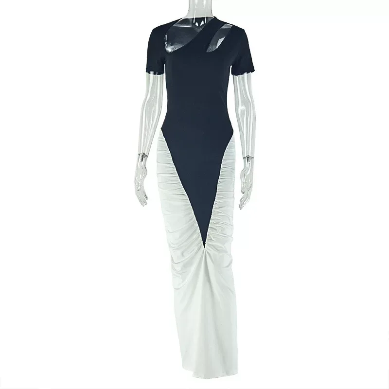 Black and White Color Block Bodycon Dress Hollow Out Design Short Sleeve Versatile Style Perfect