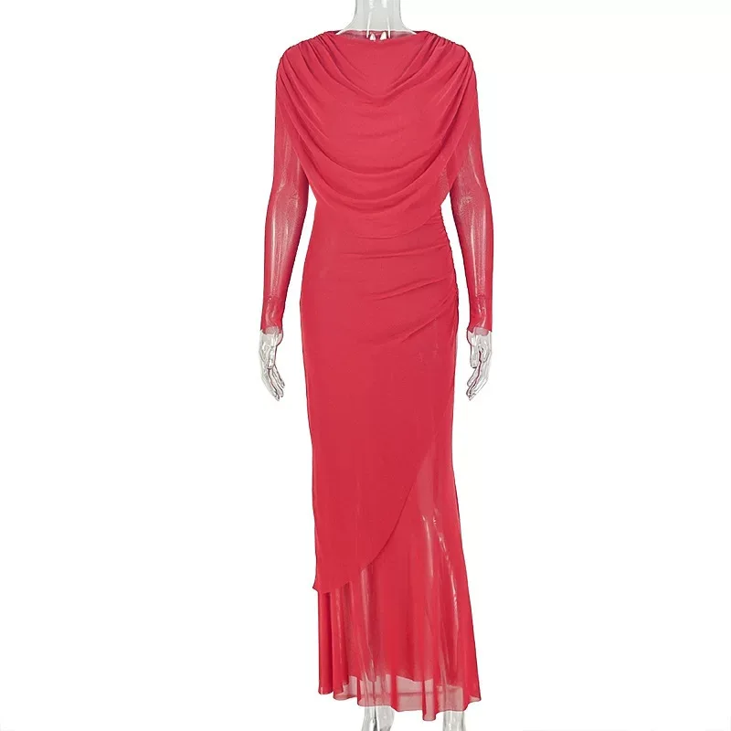 Elegant Womens Bodycon Dress Solid Color Ruffled Design Long Sleeve Round Neck Perfect for Parti