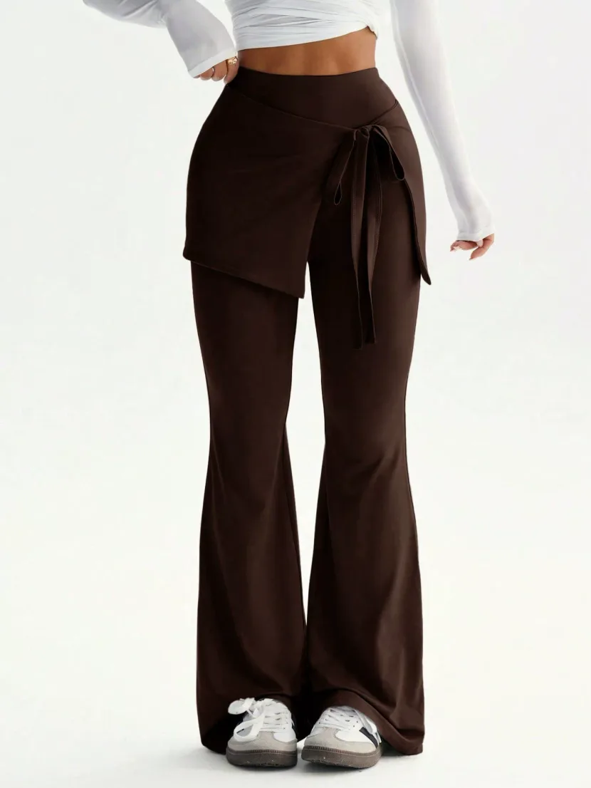 High Waist Flare Pants for Women Two Piece Design Coffee Color Casual Style private label