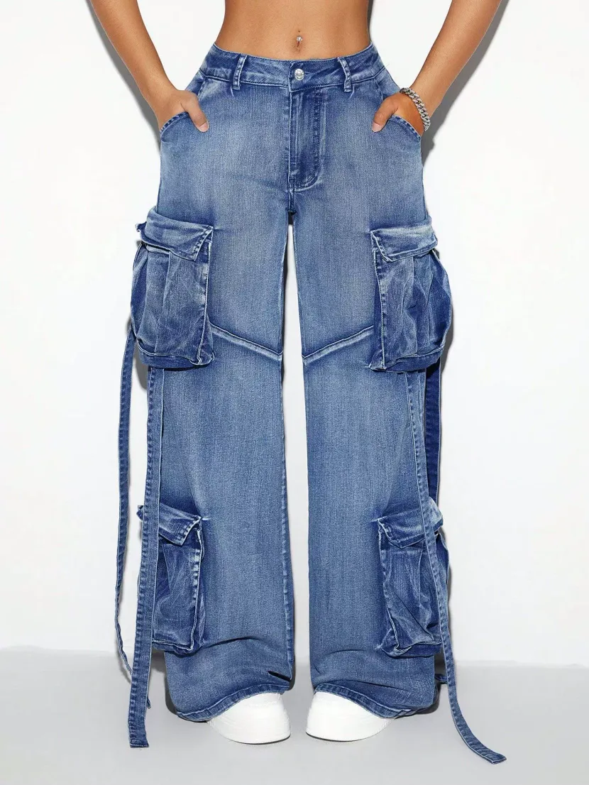 Womens Vintage Multi Pocket Stretch Casual Denim Overalls Retro Style European and American Fash