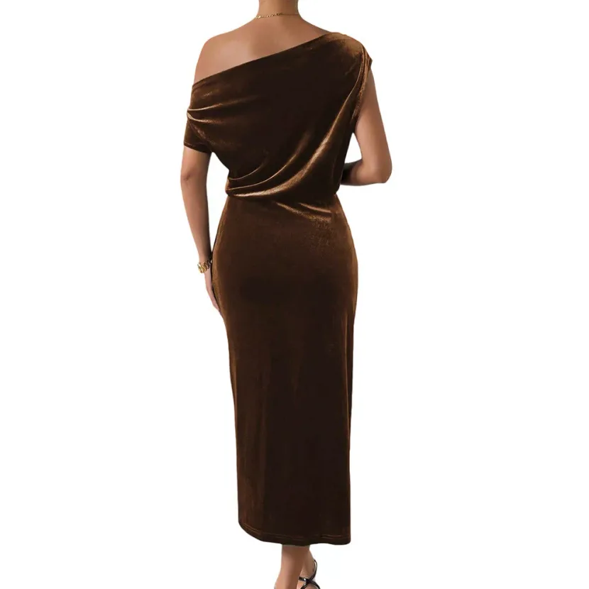 Velvet One Shoulder Dress Slim Fit Side Slit Elegant Design Spring Summer Party Gown Wholesale A