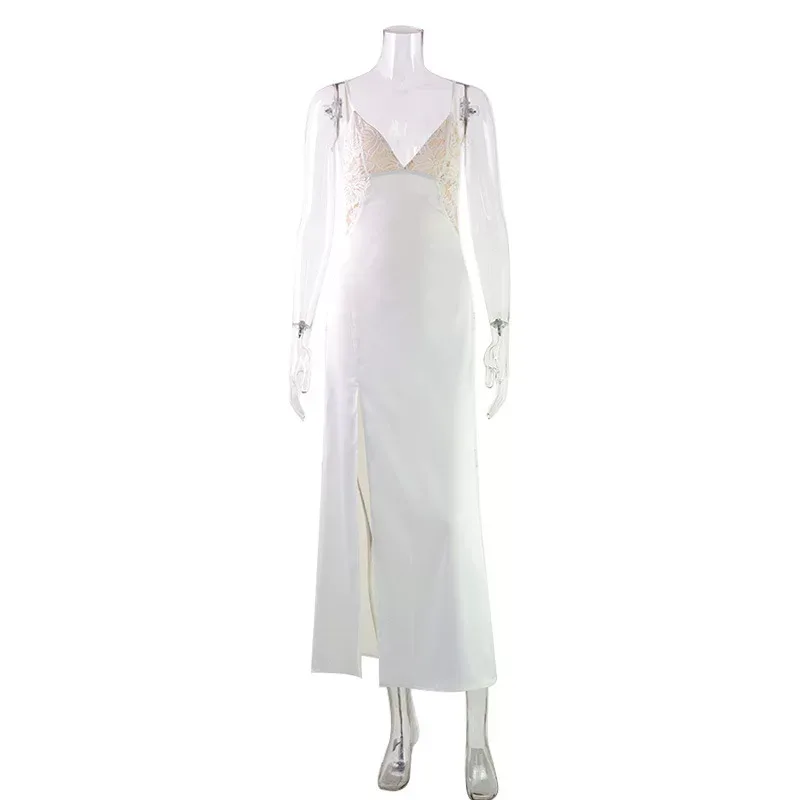 V Neck Satin Maxi Dress French Style Elegant Design Color Block Summer Fashion Wholesale Availab
