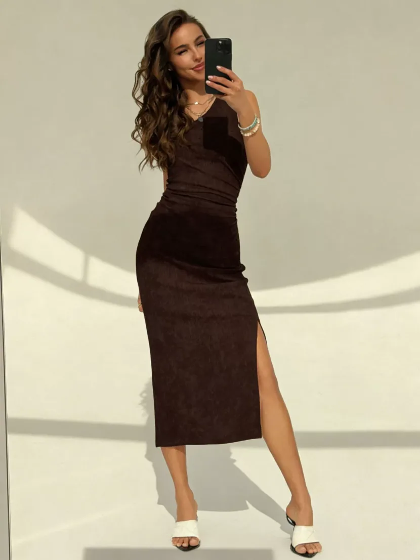 Summer Womens Dress Slim Fit Waist Design Side Slit Elegant Style Brown Available in S to XL Wholesale