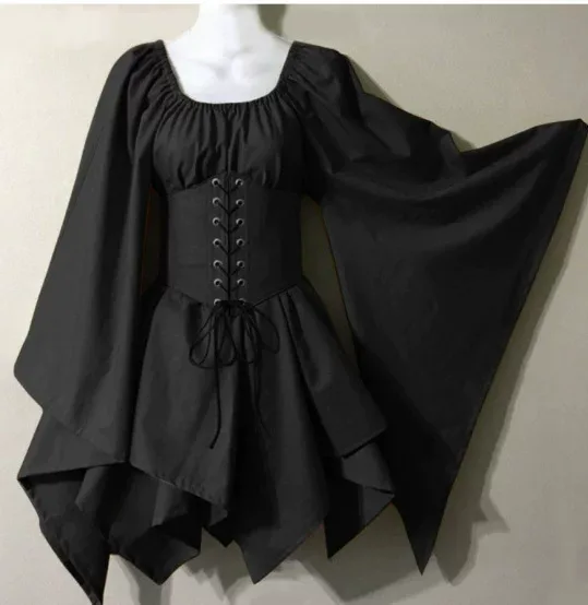 Renaissance Style Long Sleeve Dress Bell Sleeves Patchwork Design Elegant Fabric Perfect for Eve
