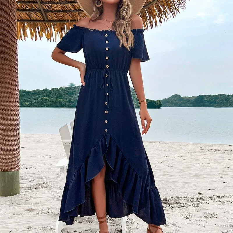 Off Shoulder Irregular Hem Dress Solid Color Summer Vacation Style Lightweight Fabric Wholesale
