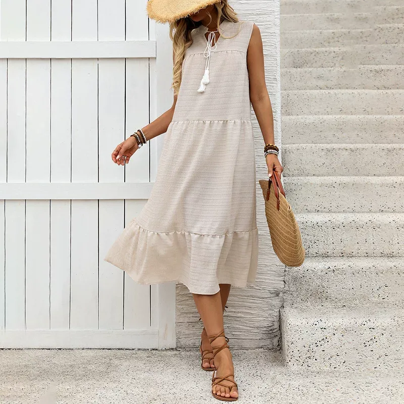 Sleeveless Straight Maxi Dress Solid Color Khaki Casual Beach Vacation low MOQ
