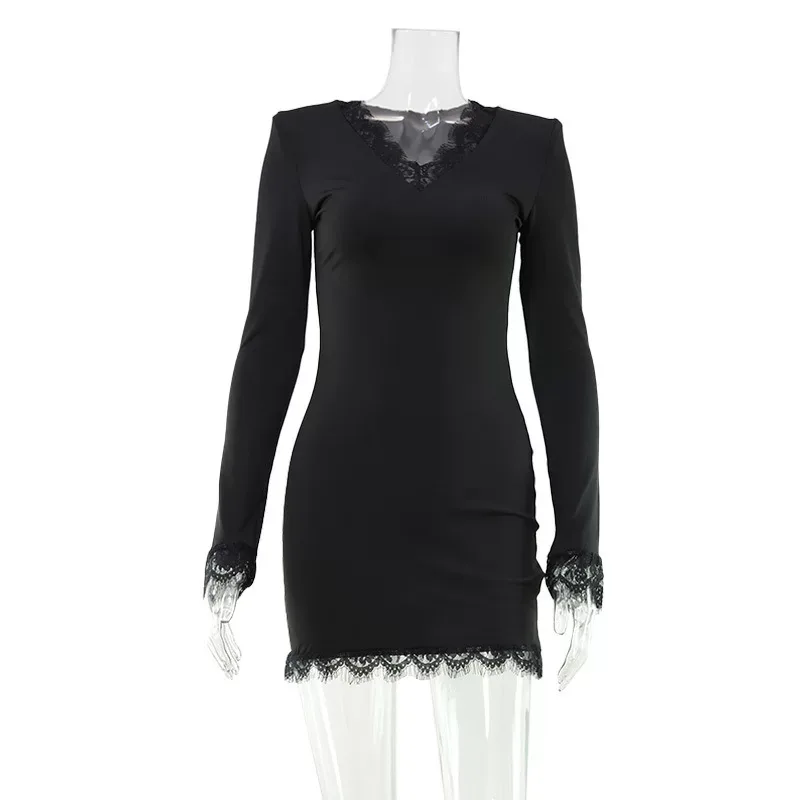 French Style Womens Lace V Neck Bodycon Dress Long Sleeve Solid Color Slim Fit Perfect for Autum