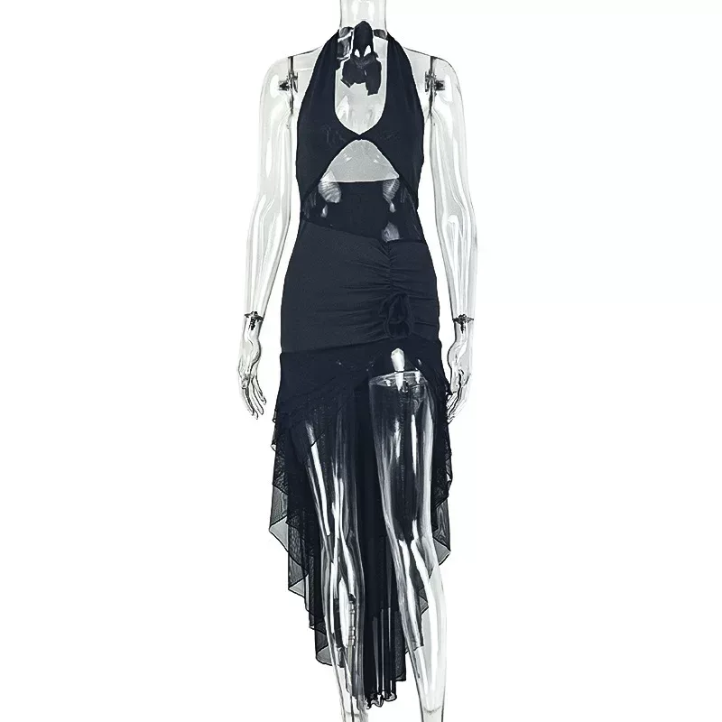 Fashionable Womens Irregular Hem Dress V Neck Backless Sheer Details Casual or Evening Wear Whol