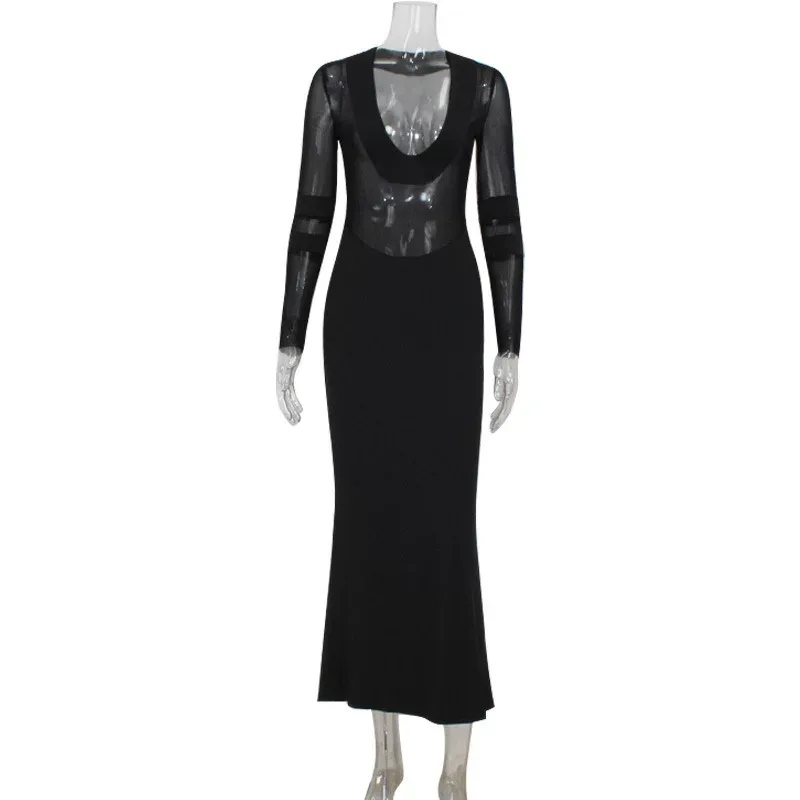 Elegant Mermaid Maxi Dress Deep V Neck Sheer Mesh Panels Bodycon Fit Solid Color Perfect for Eve