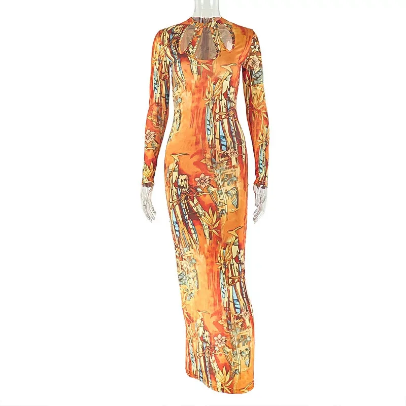 Vintage Style Womens Bodycon Dress Hollow Out Floral Print Long Sleeve Slim Fit Casual or Party