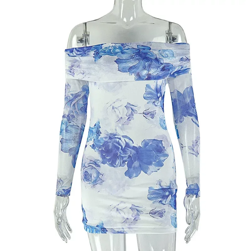 Printed Strapless Bodycon Dress Blue and White Off Shoulder Sexy Style Perfect for Summer Partie