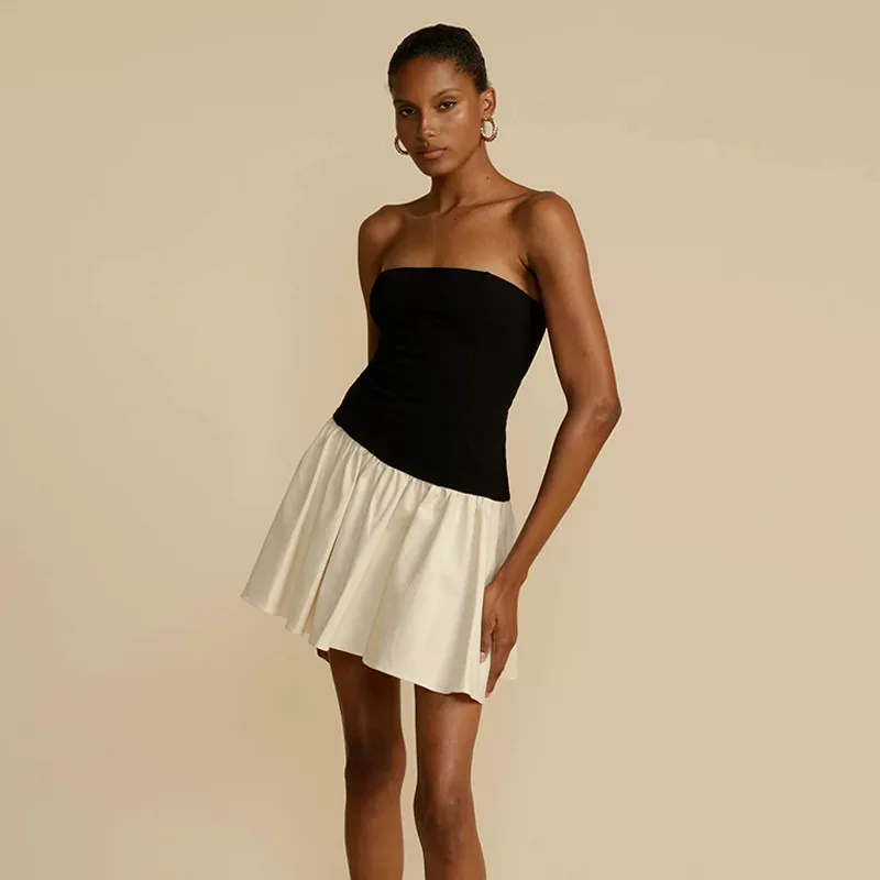 Color Block Strapless Mini Dress Elegant French Style Fitted Waist Spring Summer Fashion Wholesa