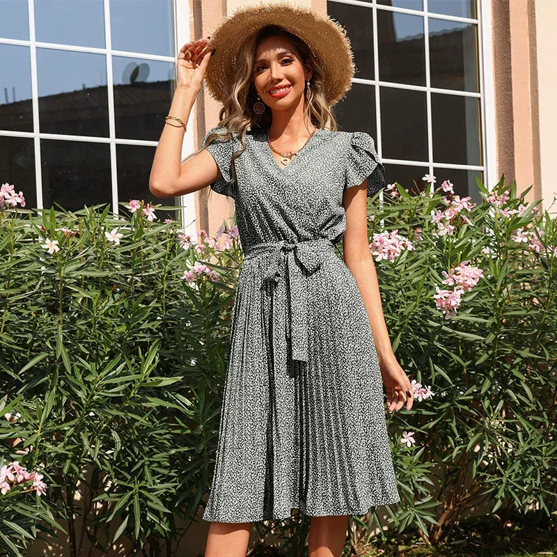 Summer Floral Green Pleated V Neck Dress Lightweight Fabric Elegant Design Perfect for Casual Ou