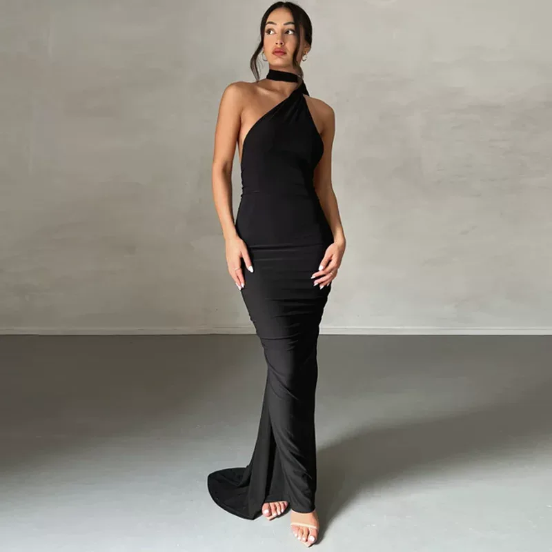Backless Halter Dress Fitted Pleated Floor Length Elegant Design Evening Party or Formal Occasio
