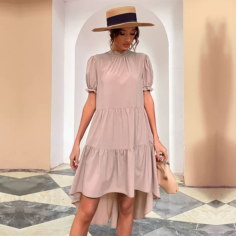 High Waist Solid Color Irregular Loose Half Turtleneck Pleated Dress Elegant Design Comfortable