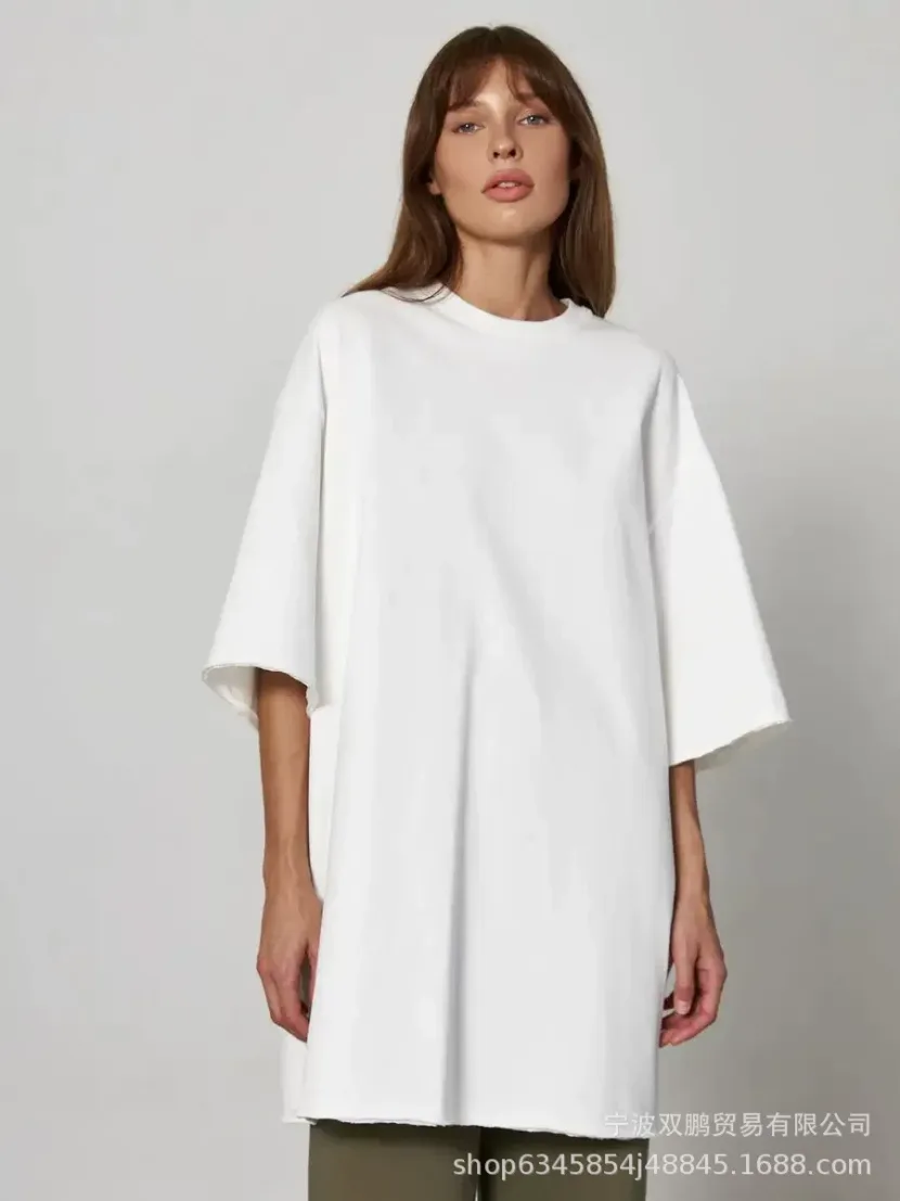 Womens Loose Fit Cotton T Shirt 260g Fabric Short Sleeve Solid Color Spring Summer Casual Wear W