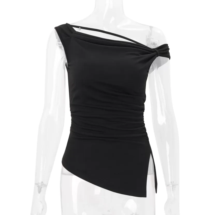 Off Shoulder T Shirt Fashionable Design Irregular Hem Solid Color Summer Casual Wear for Women W