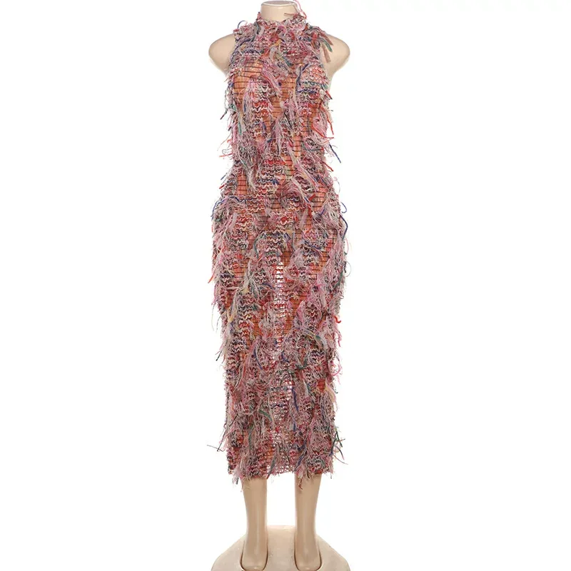 Womens Color Block Fringe Sleeveless Dress Slim Fit High Neck Trendy Style Perfect for Autumn Ev