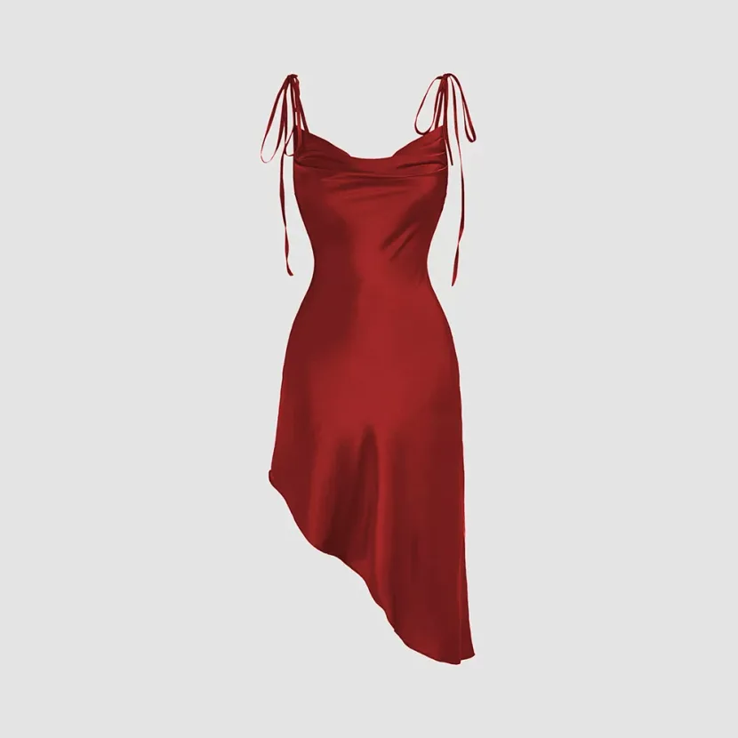 Red Satin Sleeveless Irregular Hem Dress Sexy Off Shoulder Design Perfect for Parties and Events