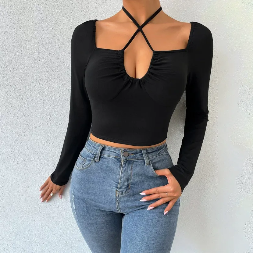 Womens Knit Long Sleeve Top Sexy Hollow Out Lace Up Design Slim Fit Autumn Winter Fashion Wholes