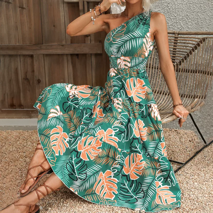 Fashionable One Shoulder Printed Dress Elegant Design Trendy Style Comfortable Fabric Perfect fo