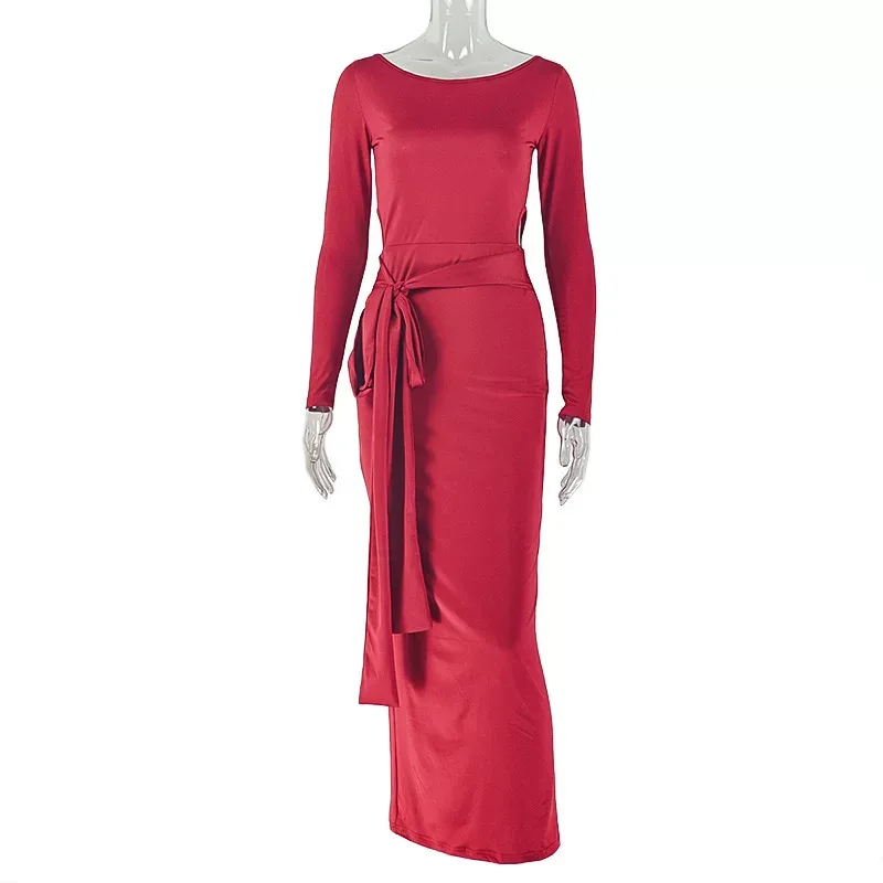 Bodycon Dress Slim Fit Waist Tie Round Neck Long Sleeve Solid Color Cocktail Party or Evening We