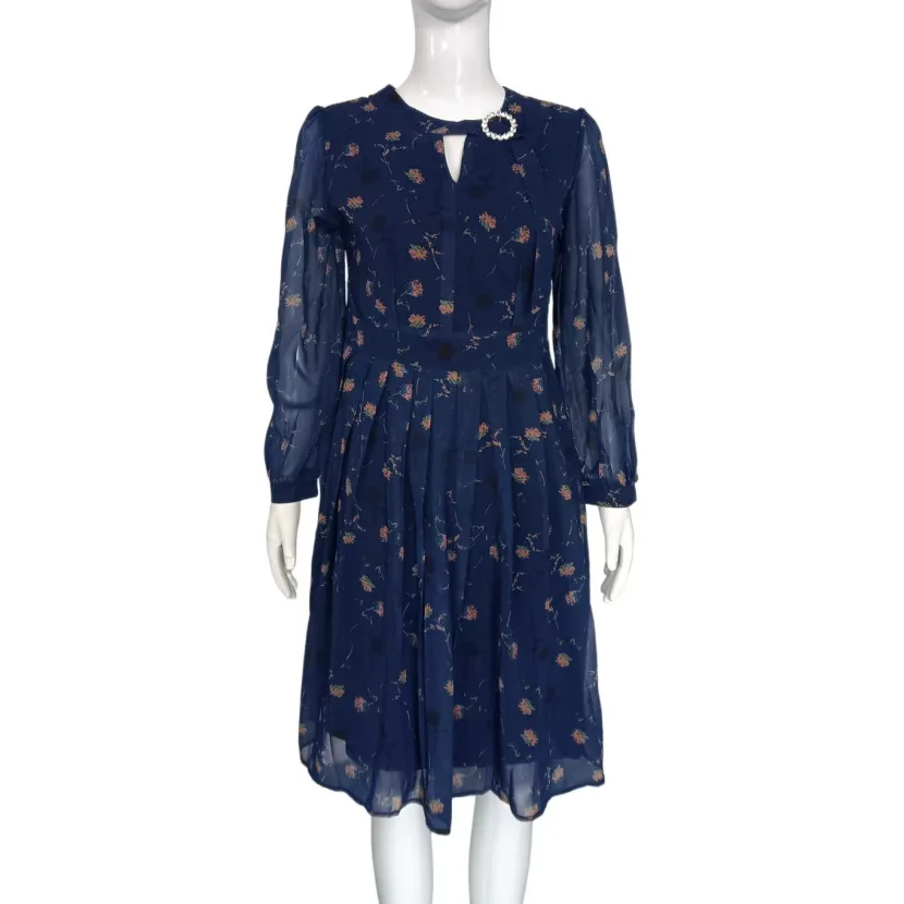 Blue Printed Chiffon Long Sleeve Dress for Women A Line Silhouette Rhinestone Accents Mid Length Perfect for Spring