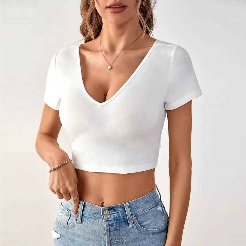 Slim Fit Short Sleeve Knit T Shirt Sexy V Neck Backless Design Trendy Style Perfect for Casual O