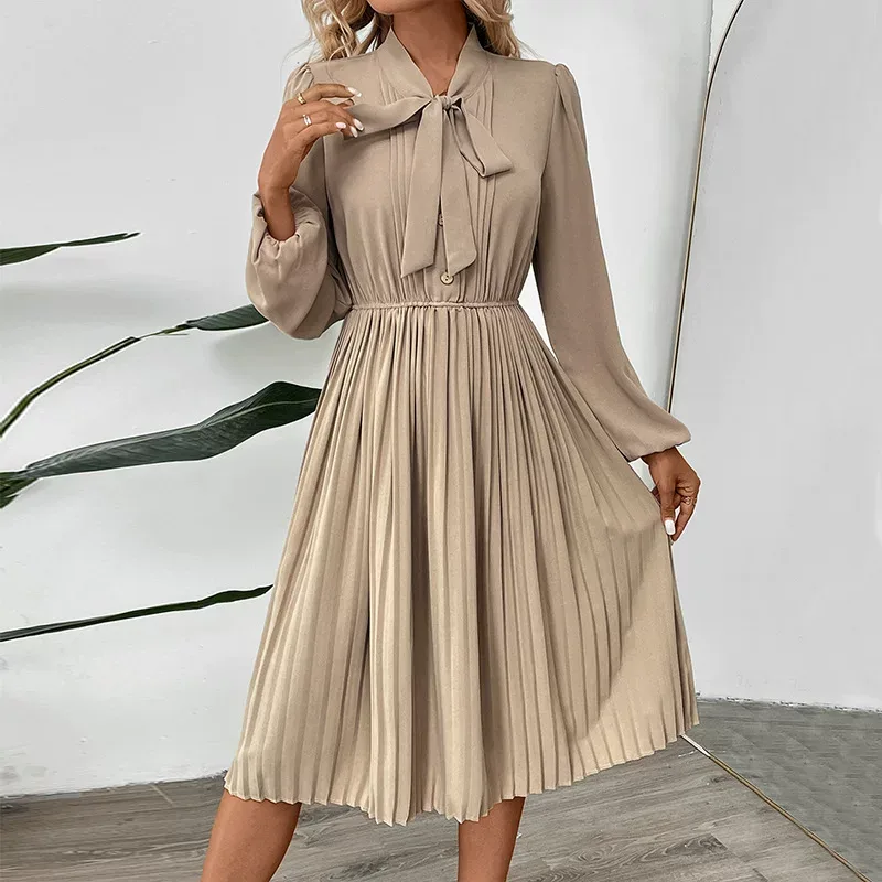 Chic Pleated Dress Bow Tie Neck Puff Sleeves Solid Color Office Wear or Casual Events OEM Availa