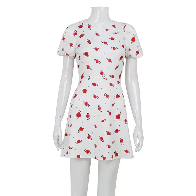 Floral Mini Dress Sweet Puff Sleeves High Waist Slim Fit Summer Casual Wear Wholesale Available