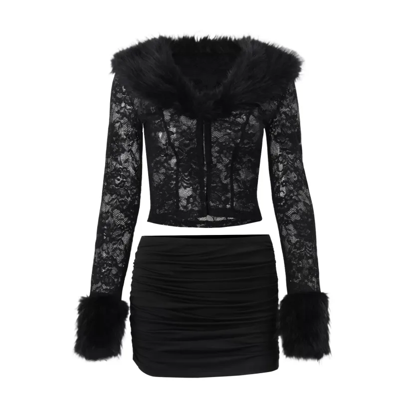 Lace Plush Long Sleeve Top and Sexy Mini Skirt Set Fashionable Street Style Autumn Winter Wholes