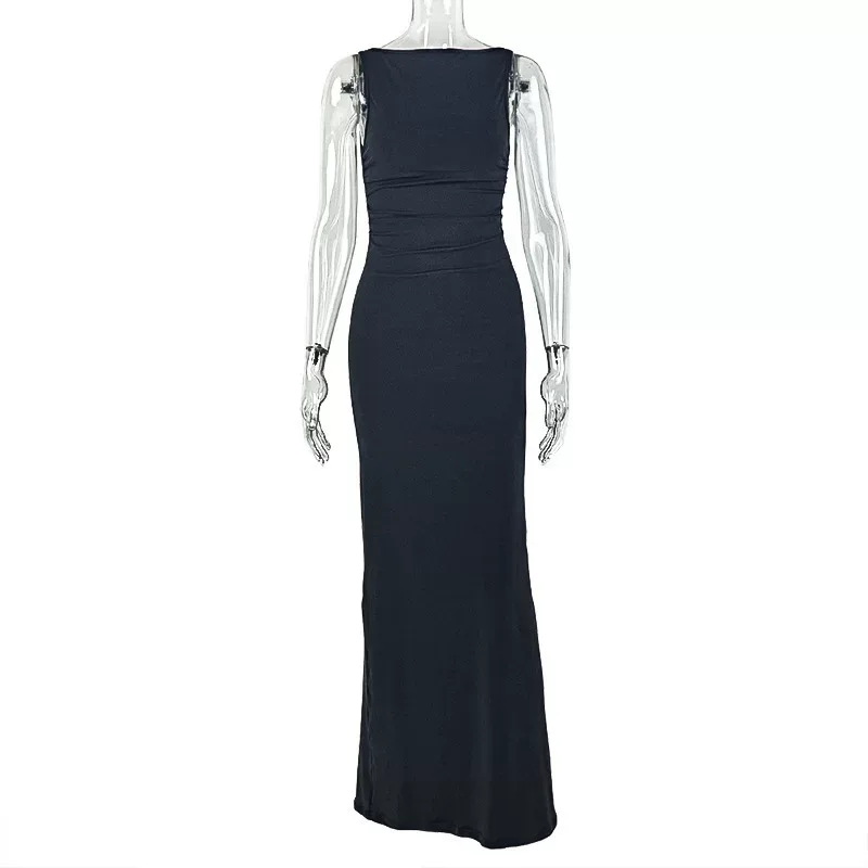 Slim Fit High Neck Sleeveless Long Dress Solid Color Backless Bodycon Style Elegant Spring and A