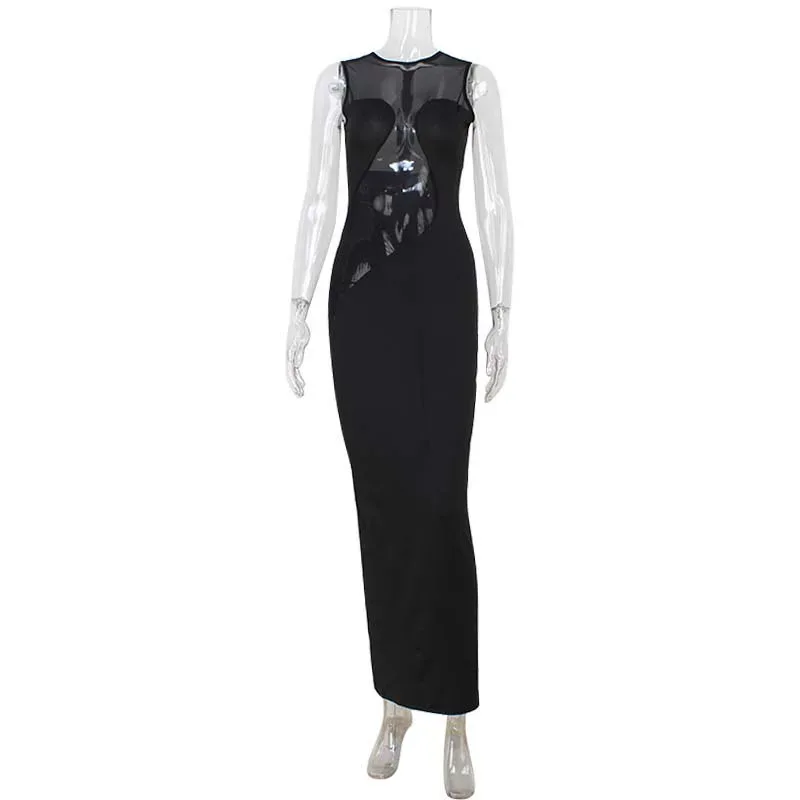 Elegant Sleeveless Bodycon Dress Sheer Mesh Panel Figure Hugging Fit Sophisticated Style Perfect