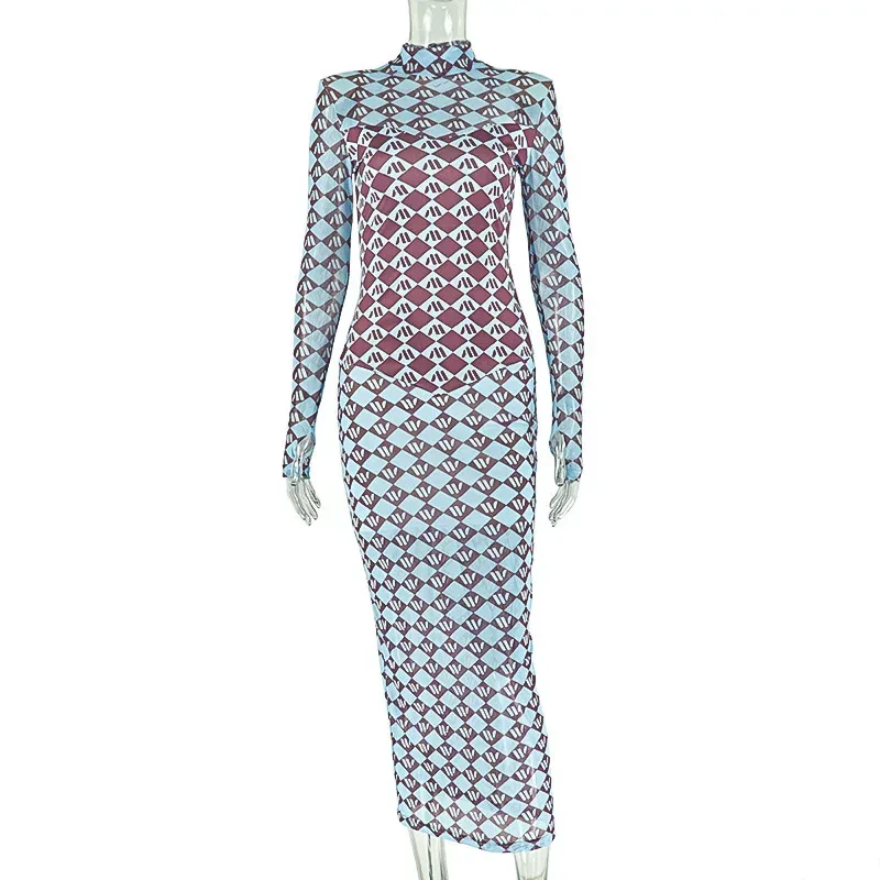 Fashionable Womens Long Sleeve Dress Breathable Mesh High Neck Bodycon Fit Floral Print Ideal fo
