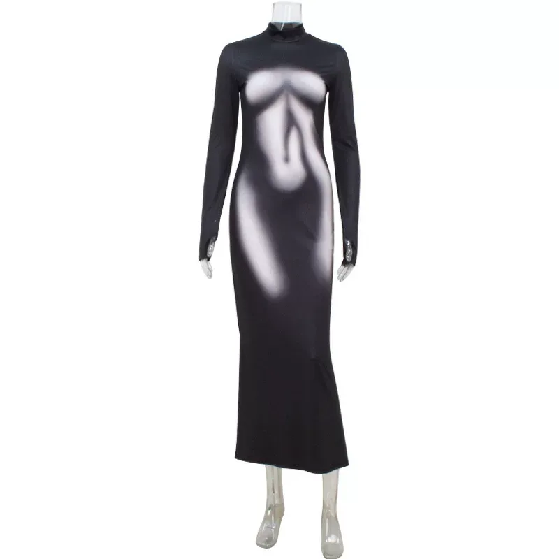 3D Printed Long Sleeve Dress Slim Fit Unique Design Comfortable Fabric Perfect for Casual or For