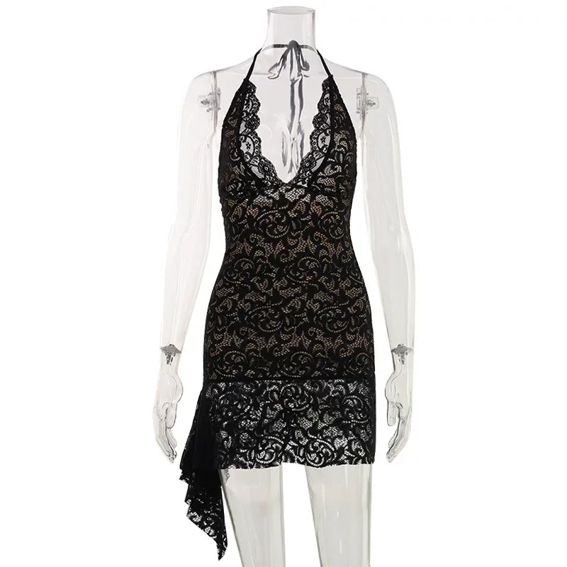 Lace Bodycon Dress Low Cut Halter Neck Slim Fit Sexy Style Perfect for Parties and Night Out Who