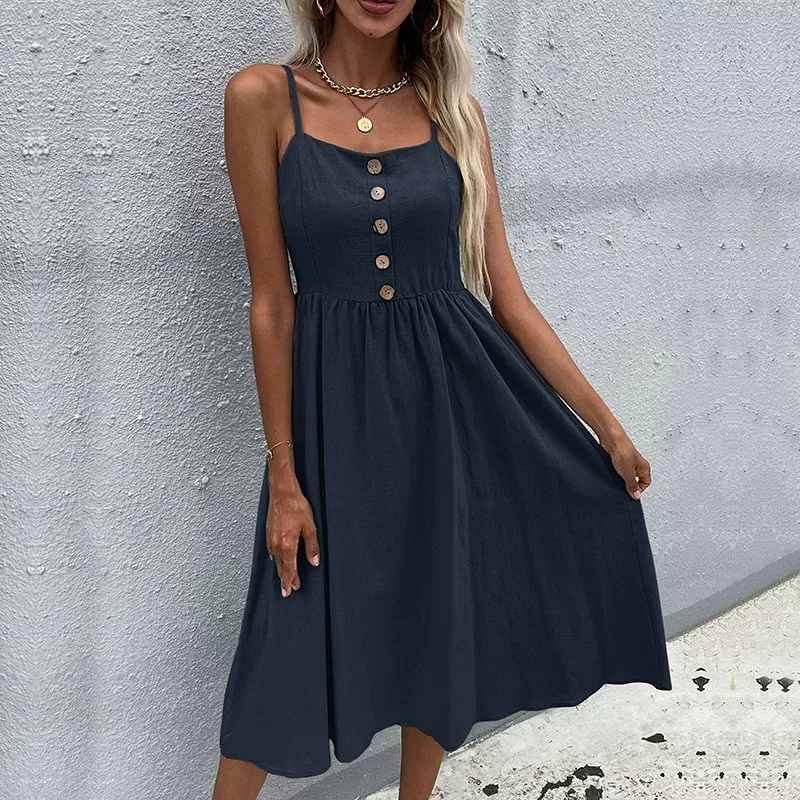 Summer Womens Casual Dress Slim Fit Solid Color Cotton Linen Blend Spaghetti Straps Perfect for