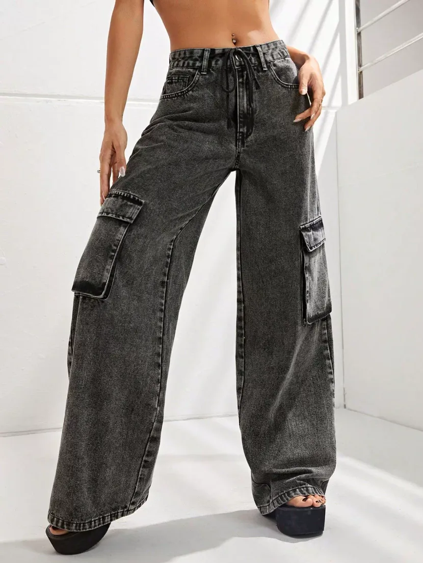 High Waisted Loose Fit Denim Cargo Pants Plus Size Big Pockets Comfortable Fabric Casual Wear fo