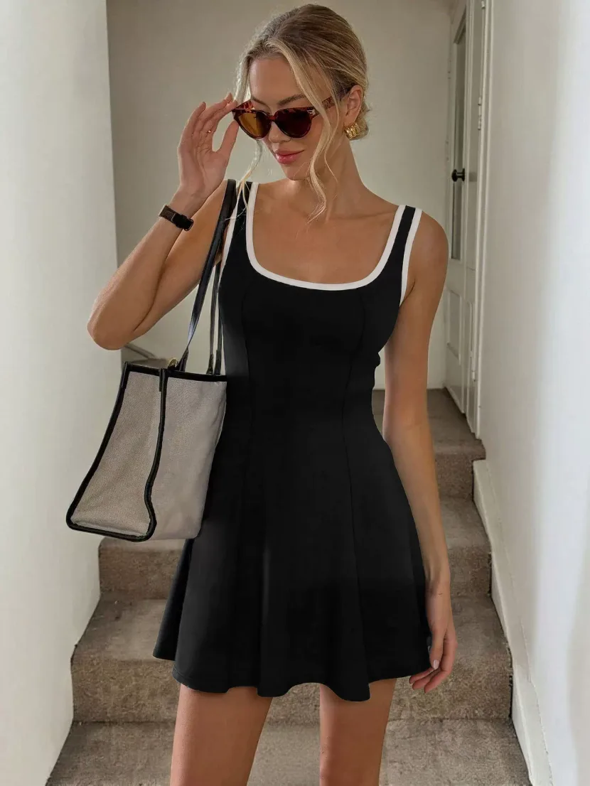 Sporty A Line Tennis Dress Sleeveless U Neck Color Block Slim Fit Summer Casual Wear Wholesale A