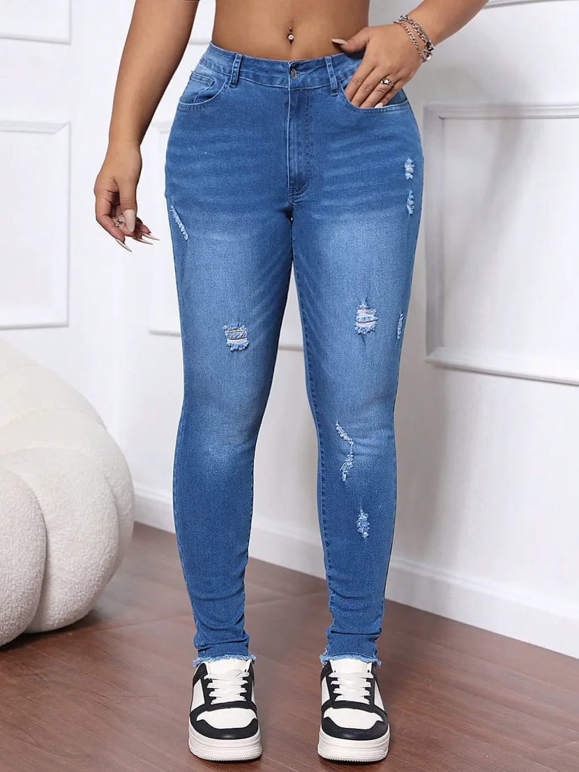 High Waisted Stretch Denim Pants Slim Fit Frayed Hem Autumn Style Womens Casual Wear Wholesale A