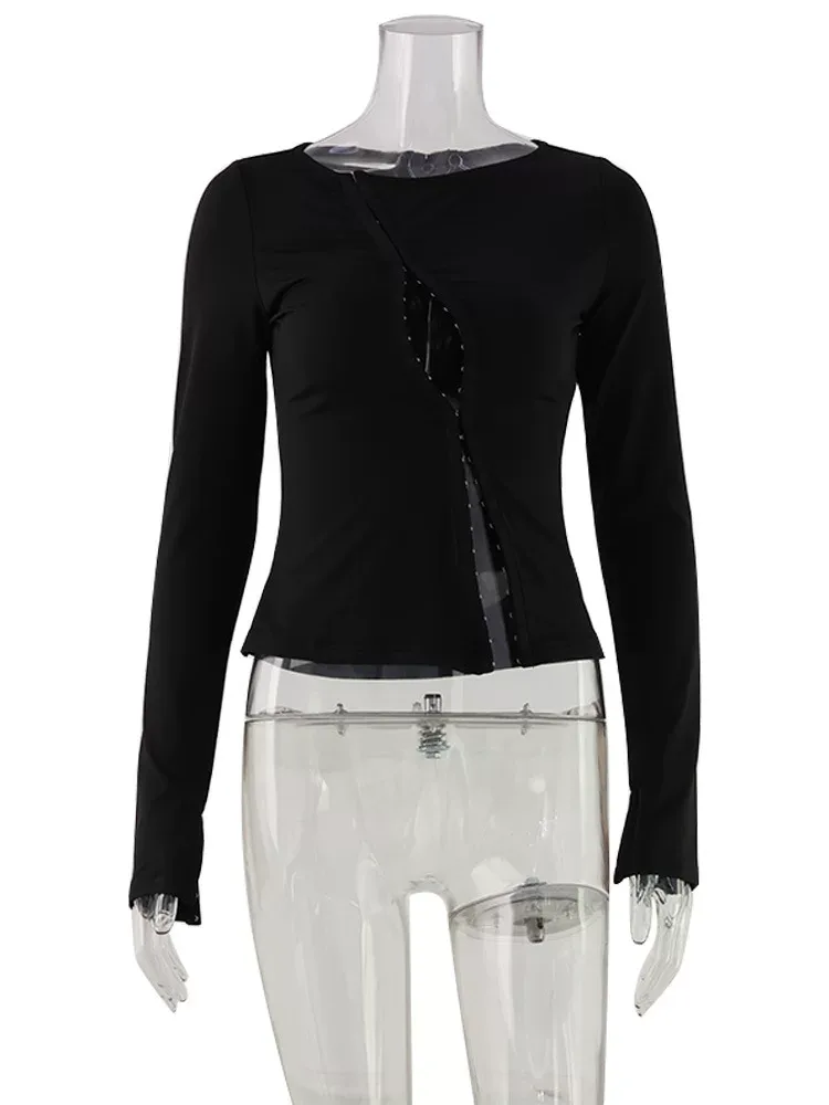 Fashionable Womens Long Sleeve T Shirt Sexy Design Round Neck Button Detail Casual Streetwear Wh