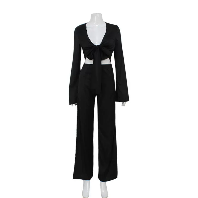 Fashionable Long Sleeve Tie Front Crop Top and Hollow Out Split Leg Pants Set Street Style Whole