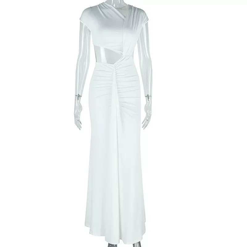 Street Style Fish Tail Dress Sleeveless Asymmetrical Neckline Pleated Design Solid Color Casual