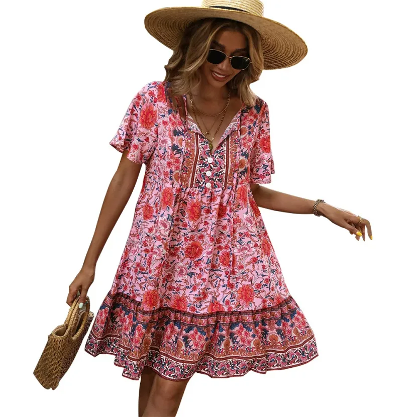 Bohemian Floral Print Maxi Dress V Neck Loose Fit Plus Size Casual Vacation Wear Wholesale Avail