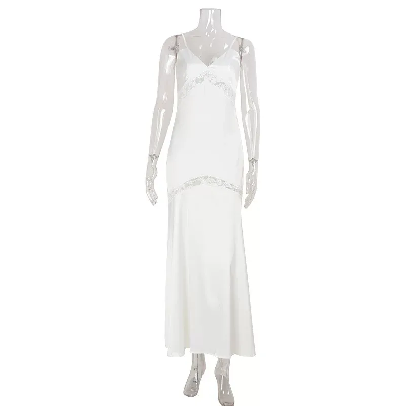 Elegant Womens Maxi Dress Solid Color Slim Fit V Neck Lace Panel Formal Evening Wear Wholesale A