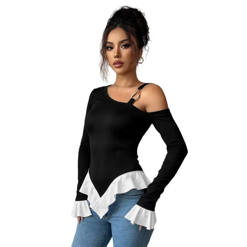 Black One Shoulder Top with Metal Ring Detail Asymmetrical Hem Ruffled White Trim Spring Summer