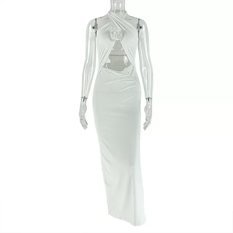 Hollow Out Backless Bodycon Dress Sleeveless Halter Neck Solid Color Elegant Design Perfect for