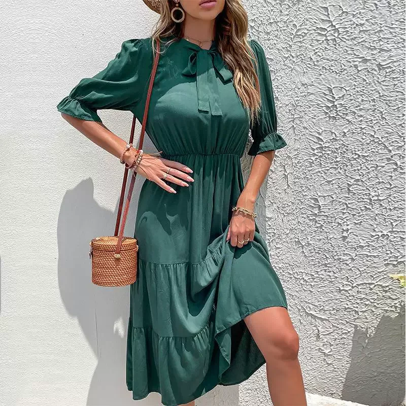 Elegant Vintage Short Sleeve Dress with Bow Detail in Dark Green and Red for Summer Wholesale ready to ship