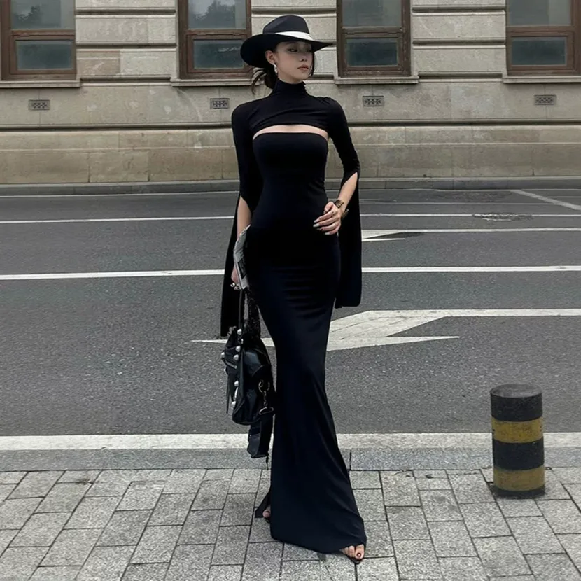 Black Fishtail Dress Slim Fit High Neck Hollow Out Side Split Elegant Evening Wear Wholesale Ava