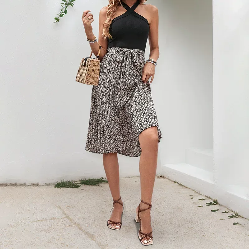 Sleeveless Color Block Halter Dress Crossed Neckline Elegant Design Perfect for Summer Events Wh